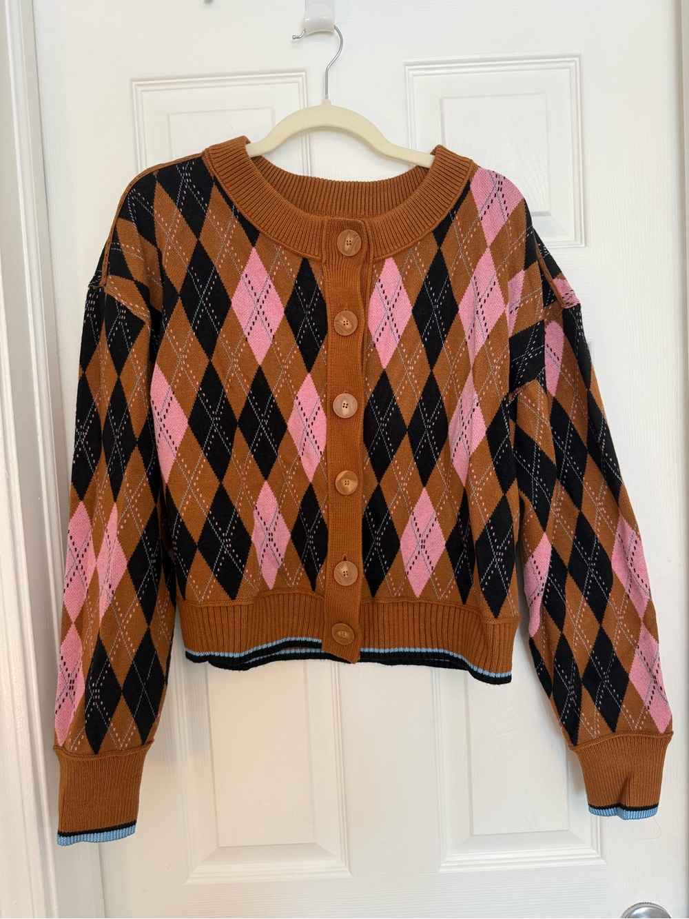 Maeve by Anthropologie The Sutton Compact Cardigan Sweater Camel Argyle LARGE - Picture 5 of 10